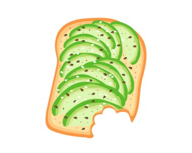 Avokado tost. Tost ekmeği baharatlar ile üzerinde avokado dilimlenmiş. Susam, baharat ve dereotu ile lezzetli avokado sandviç. Vektör çizim.
