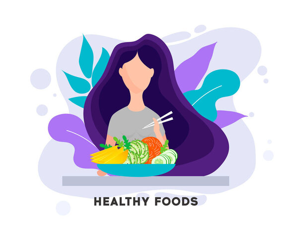 Pretty Girl with Healthy Food. Eating healthy food.Woman having lunch, dinner or breakfast.Vector illustration character design happy to eat. Girl enjoying delicious foods.