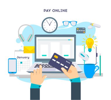 Düz tasarım illüstrasyon ödeme online kredi kartı işleme. Dijital bilgisayarda çevrimiçi satın alma.