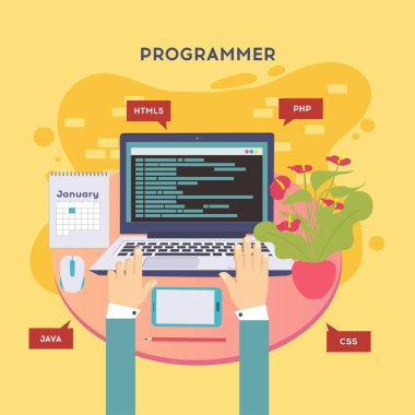 İşyeri programcı veya coder. Arama motoru seo vektör çizim düz stil kodlama, programlama dilleri, hata ayıklama, sınama yazılım web sitesi,