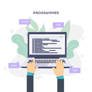 İşyeri programcı veya coder. Arama motoru seo vektör çizim düz stil kodlama, programlama dilleri, hata ayıklama, sınama yazılım web sitesi,