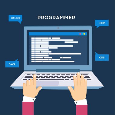 İşyeri programcı veya coder. Arama motoru seo vektör çizim düz stil kodlama, programlama dilleri, hata ayıklama, sınama yazılım web sitesi,