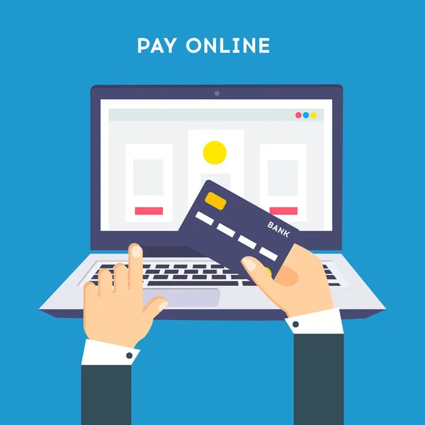 Flat design illustration processing of Pay online credit card. Online purchase on digital computer.