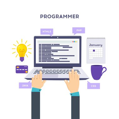 Workplace of programmer or coder. Software coding, programming languages, testing, debugging, web site, search engine seo Vector illustration in flat style clipart svg vector 