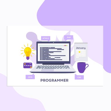 İşyeri programcı veya coder. Arama motoru seo vektör çizim düz stil kodlama, programlama dilleri, hata ayıklama, sınama yazılım web sitesi,