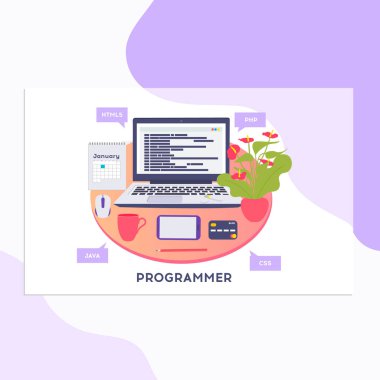 İşyeri programcı veya coder. Arama motoru seo vektör çizim düz stil kodlama, programlama dilleri, hata ayıklama, sınama yazılım web sitesi,