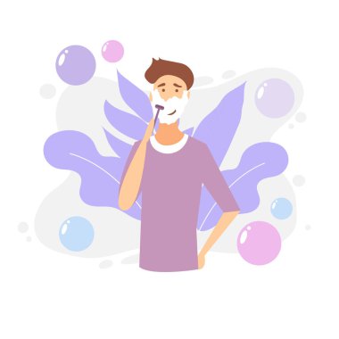 Adam tıraş köpüğü ile yüz. Cilt Bakımı. Vektör karikatür çizim. Tıraş kremi yüzünde ve ustura ile el dostum. Yüz günlük tıraş için prepping genç adam. Tıraş etkisi.