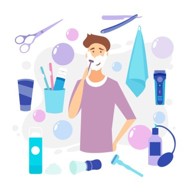 Adam tıraş köpüğü ile yüz. Cilt Bakımı. Vektör karikatür çizim. Tıraş kremi yüzünde ve ustura ile el dostum. Yüz günlük tıraş için prepping genç adam. Tıraş etkisi.