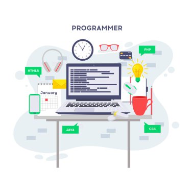 İşyeri programcı veya coder. Arama motoru seo vektör çizim düz stil kodlama, programlama dilleri, hata ayıklama, sınama yazılım web sitesi,