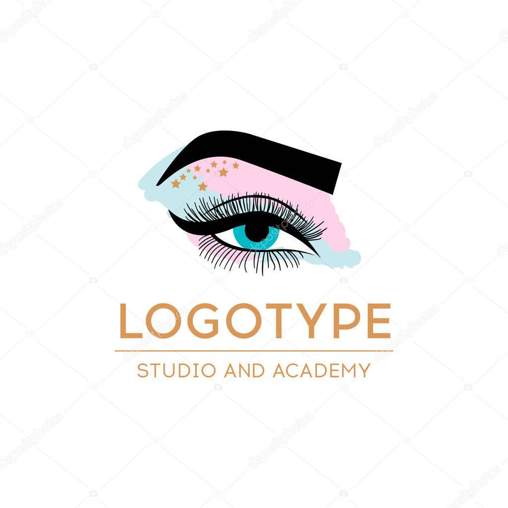 Illustration with womans eye wink, eyebrow and eyelashes. Makeup Look. Tattoo design.Image of beautiful eyelashes and eyebrows for the logo of the beauty salon.