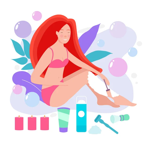 Vector Illustration Beautiful Woman White Bath Towel Shaves Her Legs — Stock Vector
