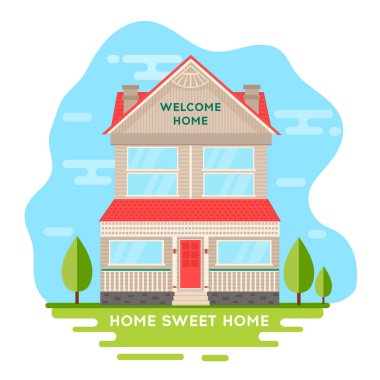 Doğa manzara bulutlar ile evde. Düz tasarım kentsel peyzaj. Vektör mimari çizim.