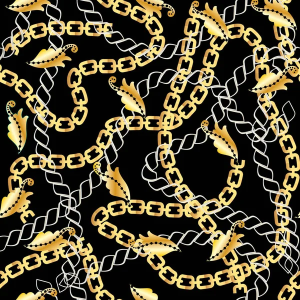 Fashion Seamless Pattern Golden Chains Print Gold Chains Black Background — Stock Vector