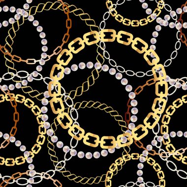 Moda altın zincirleri ile Seamless modeli. Siyah zemin üzerine altın zincir ile yazdırın. Vektör seamless modeli. Kumaş tasarım. 