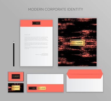 Kurumsal kimlik şablonu. Kurumsal kimlik tasarımı Kırtasiye Mockup vektör Megapack Set. Modaya uygun yaşam mercan