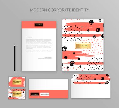 Kurumsal kimlik şablonu. Kurumsal kimlik tasarımı Kırtasiye Mockup vektör Megapack Set. Modaya uygun yaşam mercan