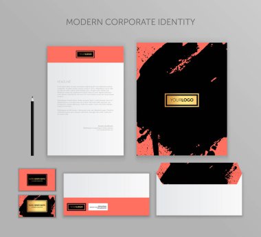 Kurumsal kimlik şablonu. Kurumsal kimlik tasarımı Kırtasiye Mockup vektör Megapack Set. Modaya uygun yaşam mercan