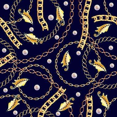 Moda altın Zincirler, inci ile Seamless modeli. Siyah zemin üzerine altın zincir ile yazdırın. Vektör seamless modeli. Kumaş tasarım. 