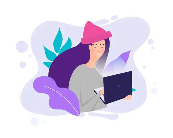 Conceito milenar. Menina trabalhando com laptop em redes sociais. Jovem adolescente está olhando para seu laptop. Millennial ilustrado . — Vetor de Stock