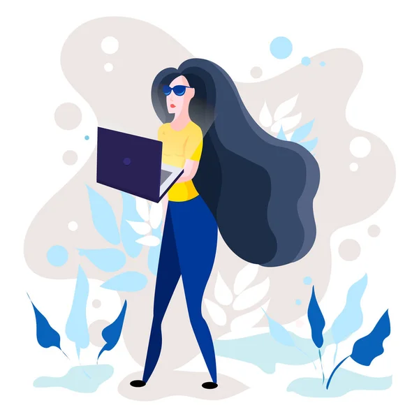 Conceito milenar. Menina trabalhando com laptop em redes sociais. Jovem adolescente está olhando para seu laptop. Millennial ilustrado . — Vetor de Stock