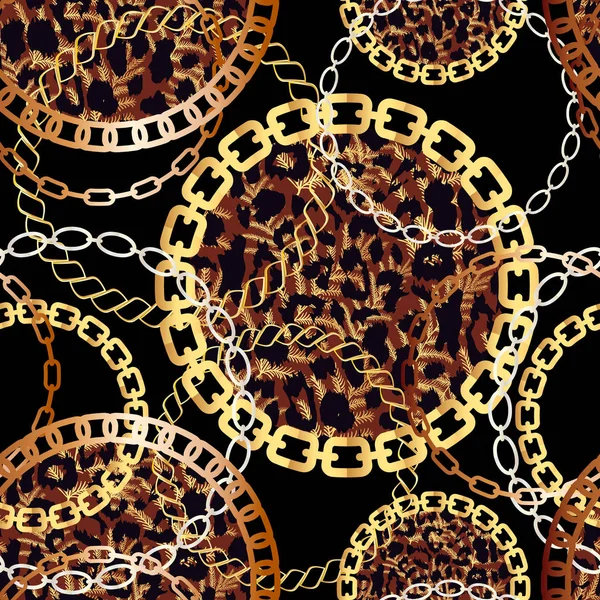 Moda Padrão sem costura com correntes douradas e impressão de leopardo. Tecido Design de fundo com corrente, acessórios metálicos. Impressão linear luxuosa com acessórios de moda . — Vetor de Stock