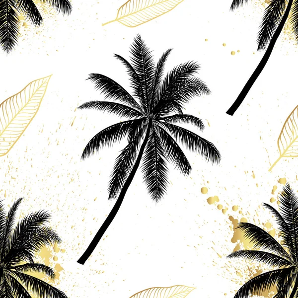 Черные и золотые векторные пальмы. Ручной рисунок. Летние тропические пальмы листья бесшовные. Абстрактный природный фон — стоковый вектор