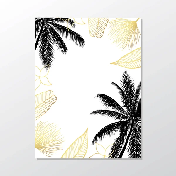 Черные пальмы на белом фоне. Exotic leaves.Summer poster flyer invitation card . — стоковый вектор