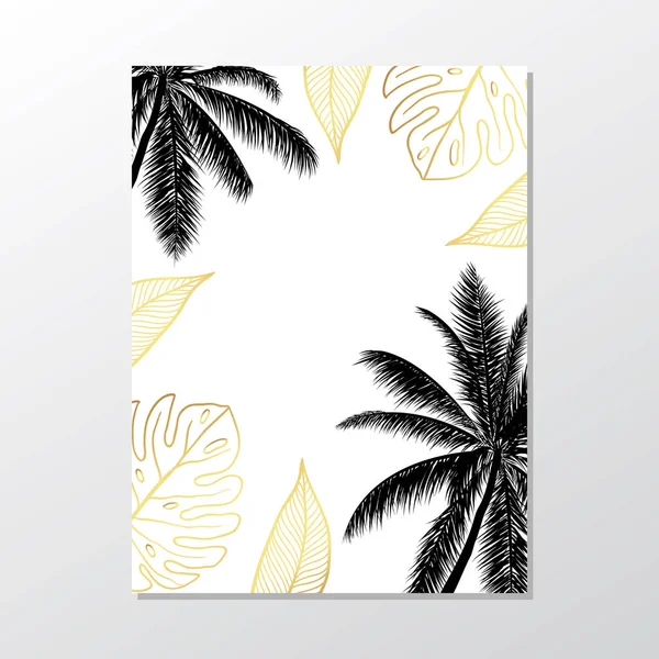 Черные пальмы на белом фоне. Exotic leaves.Summer poster flyer invitation card . — стоковый вектор