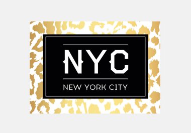 Leopar desen arka plan nyc sloganı tipografi. Moda t-shirt tasarımı. Kızlar tee gömlek trendy baskı. 