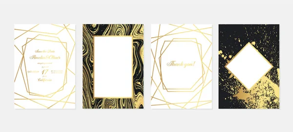 Convite de casamento de ouro. Cartões de convite de casamento de luxo com textura de mármore dourado e padrão geométrico modelo de design vetorial . —  Vetores de Stock