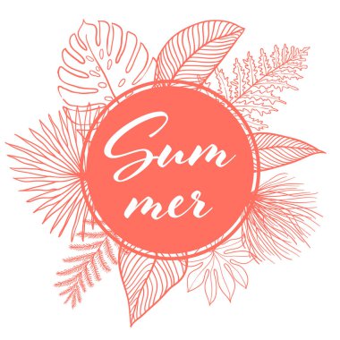 Yaşayan Mercan renginde tropikal yapraklar. Tropikal yaz.