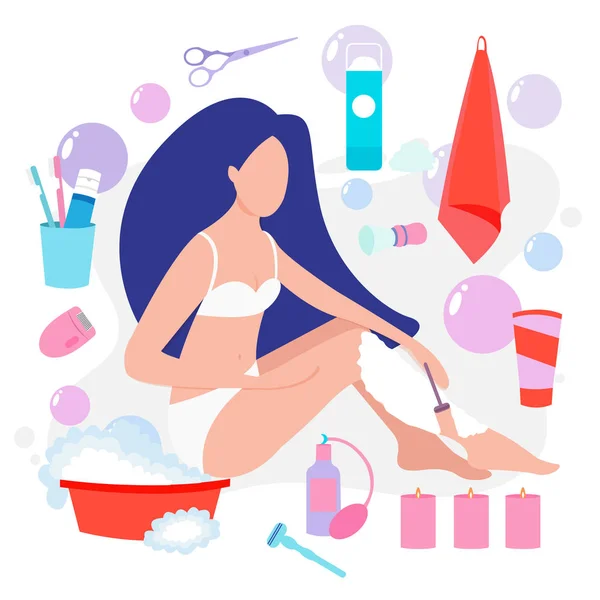 Ilustración vectorial de hermosa mujer toalla se afeita las piernas con una navaja de afeitar de seguridad . — Archivo Imágenes Vectoriales