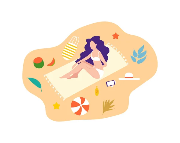 Chica acostada en la playa en un traje de baño. Chicas relajarse en la playa . — Vector de stock