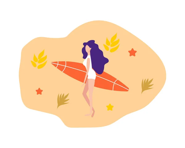 Chica con tabla de surf. Ilustración vectorial Surfer. Playa vacaciones de verano . — Archivo Imágenes Vectoriales