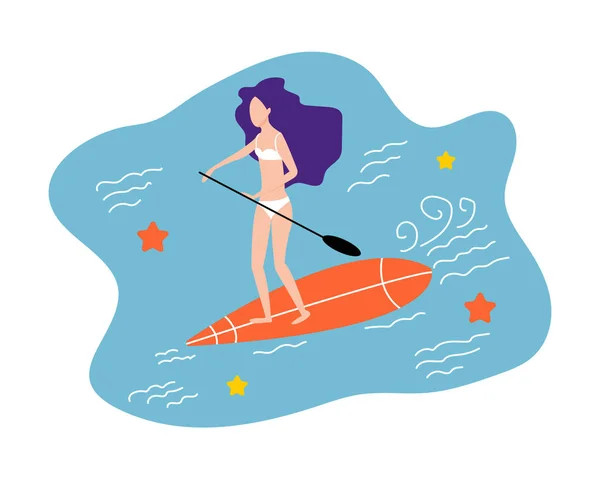 Meisje met surfplank. Surfer vector illustratie. Strand zomer vakantie. — Stockvector