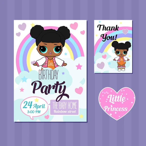 Convite de aniversário com bonecas Lol bonitos. Elemento de design para cartão de convite . —  Vetores de Stock