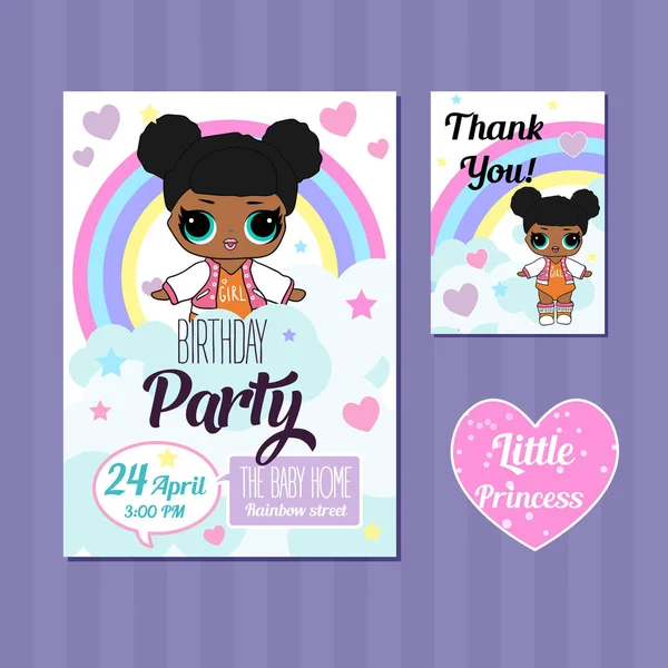 Birthday Invitation with cute Lol Dolls. Element of design for invite card. Royalty Free Stock Vectors