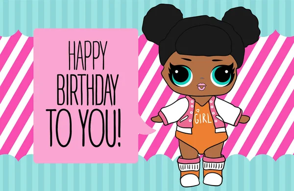 Cute vector lol doll with black and pink hair and big black eyes. Design for baby girl t-shirt, decoration birthday invitation, coloring book. Modern kids fashion Stock Vector