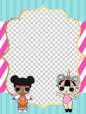 Küçük kız için davetiye kartı pembe vektör şablonu. Yazdırılabilir renkli davet. Çerçeve.