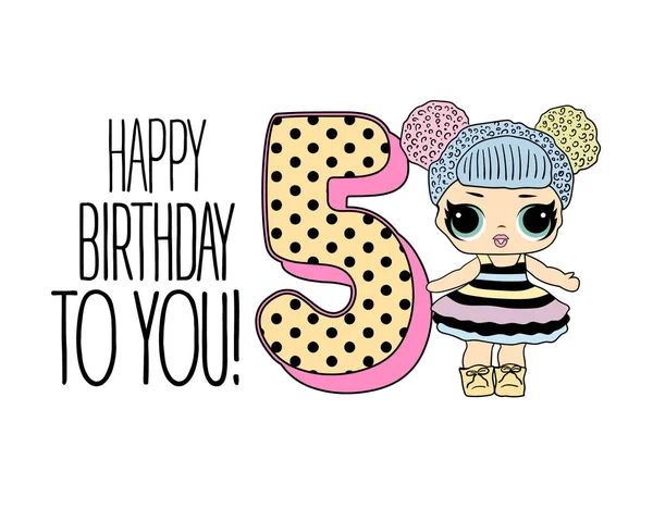 Cute vector lol doll with black and pink hair and big black eyes. Design for baby girl t-shirt, decoration birthday invitation, coloring book. Modern kids fashion Vector Graphics