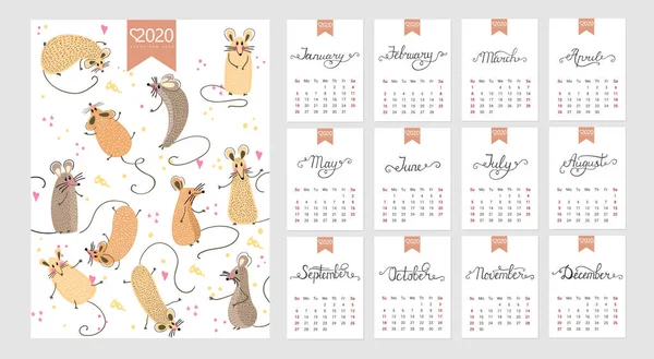 Calendário 2020. Calendário mensal bonito com rato. Personagens de estilo desenhado à mão. Ano do rato . — Vetor de Stock