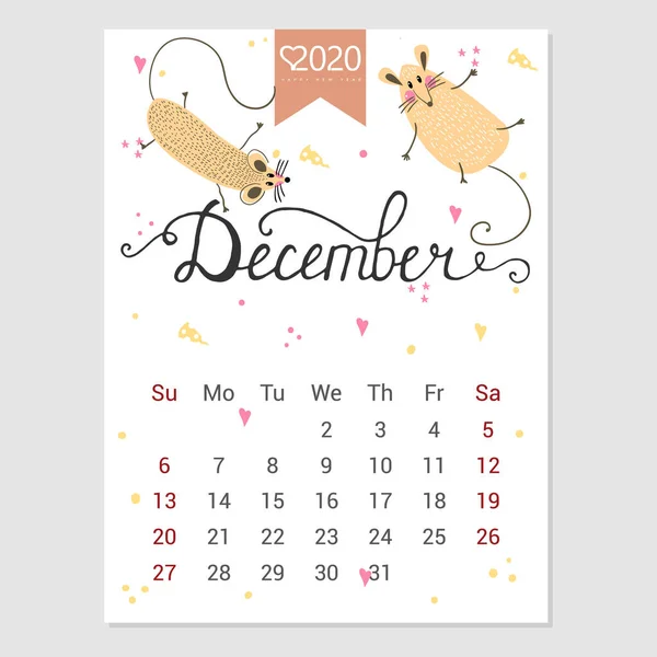 Calendário dezembro 2020. Calendário mensal bonito com rato. Personagens de estilo desenhado à mão. Ano do rato . — Vetor de Stock