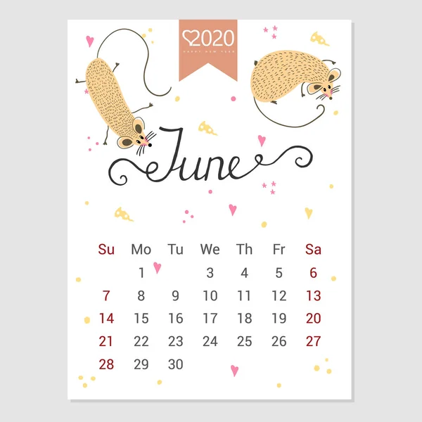 Calendário Junho 2020. Calendário mensal bonito com rato. Personagens de estilo desenhado à mão. Ano do rato . — Vetor de Stock