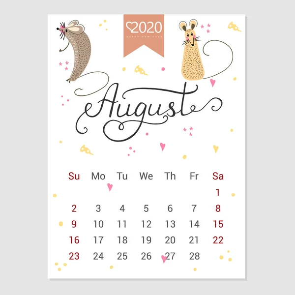 Calendário Agosto 2020. Calendário mensal bonito com rato. Personagens de estilo desenhado à mão. Ano do rato . — Vetor de Stock