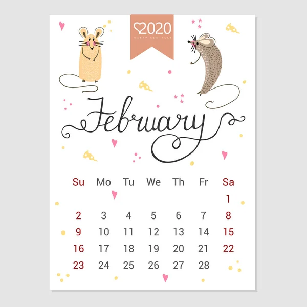 Calendário Fevereiro 2020. Calendário mensal bonito com rato. Personagens de estilo desenhado à mão. Ano do rato . — Vetor de Stock