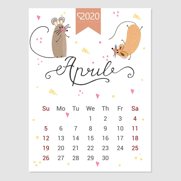 Calendário abril 2020. Calendário mensal bonito com rato. Personagens de estilo desenhado à mão. Ano do rato . — Vetor de Stock