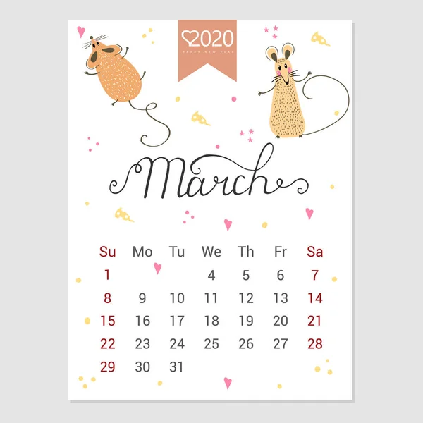 Calendário Março 2020. Calendário mensal bonito com rato. Personagens de estilo desenhado à mão. Ano do rato . — Vetor de Stock