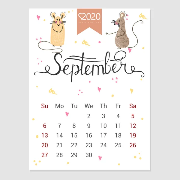 Calendário Setembro 2020. Calendário mensal bonito com rato. Personagens de estilo desenhado à mão. Ano do rato . — Vetor de Stock