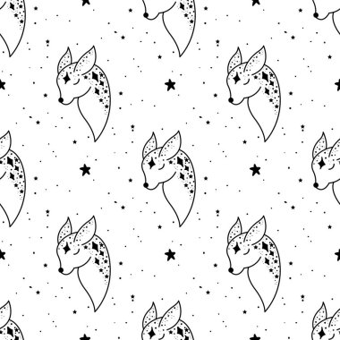 Kusursuz desenli, ay ve yıldızlı mistik geyik. Yıldızlar, takımyıldızlar, ay.