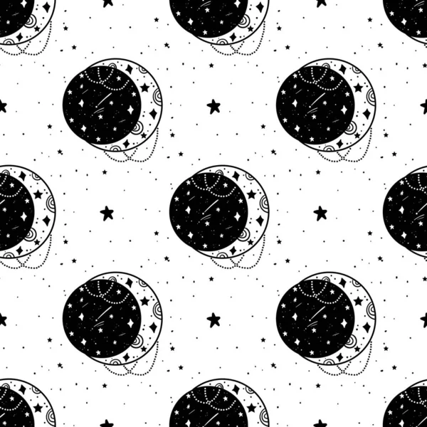 Motif sans couture Lune mystique avec des étoiles. Étoiles, constellations, lune, cristaux. — Image vectorielle